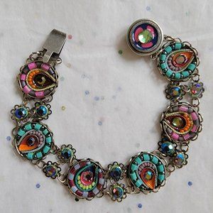 NEW ADAYA MULTI COLOR BEAD  CRYSTAL MOSAIC STYLE LINKED   BRACELET SILVER TONE